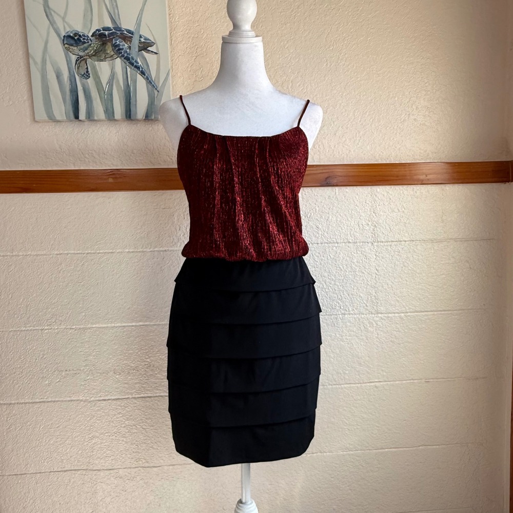 Sweet Storm Tiered Party Dress Womens L Red Black Mini Metallic Whimsigoth